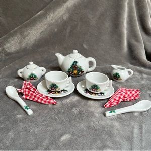 Miniature Wicker basket with Porcelain Tea Set Christmas Tree Teddy Bear Print